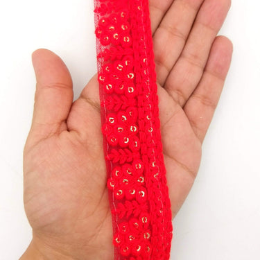Red Net Lace Trim With Floral Embroidery And Gold Sequins, Sequinned Trim, Wedding Trim Bridal Trim